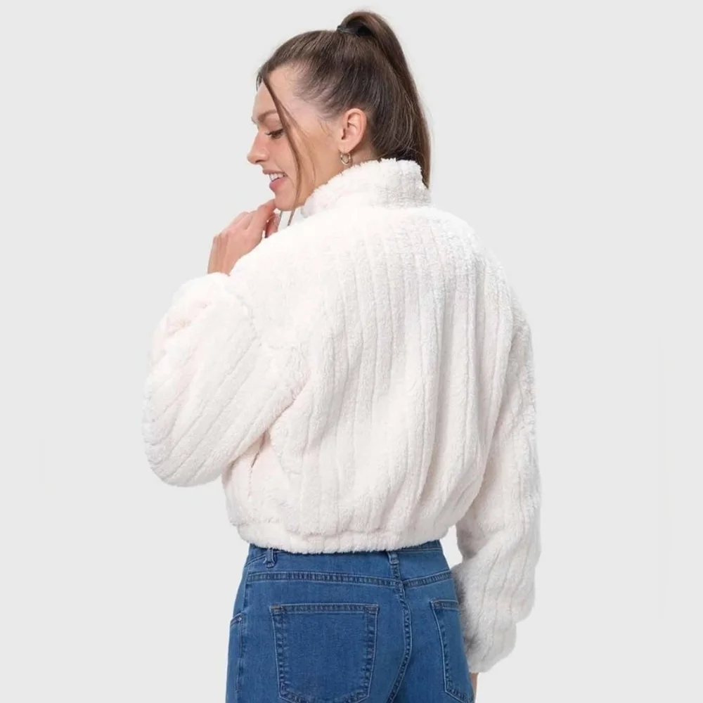 White Sherpa Fleece Zip Up Jacket | Cozy Teddy Jacket | Size L - Picture 3 of 5